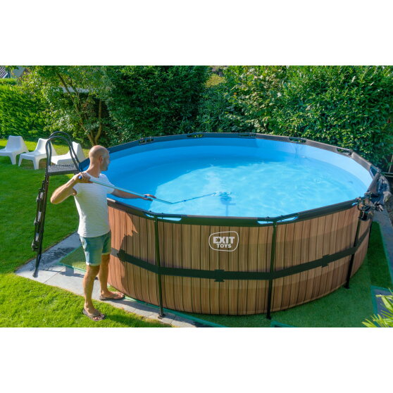 Piscina EXIT Wood ø450x122cm con bomba de filtrado de arena, color marrón