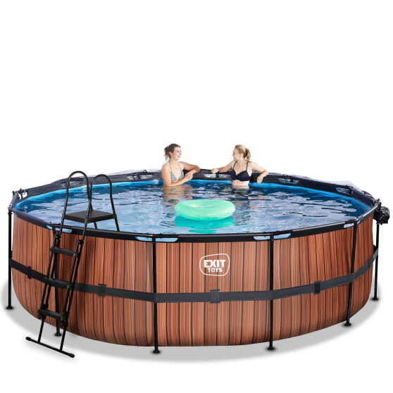 Piscina EXIT Wood &oslash;488x122cm con bomba de filtrado de arena y c&uacute;pula y bomba de calor, color marr&oacute;n