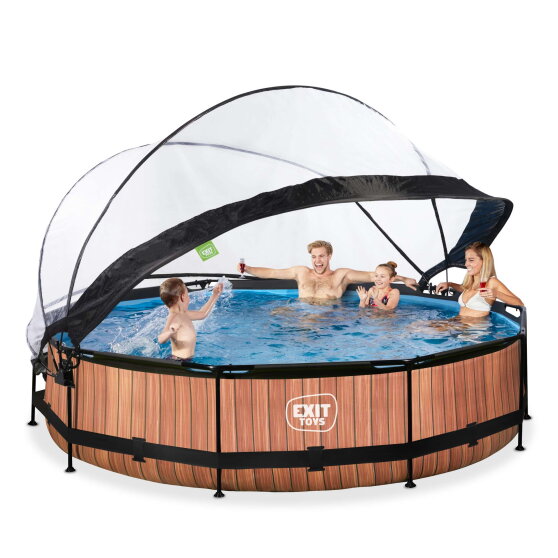 Piscina EXIT Wood ø360x76cm con bomba de depuración y cúpula, color marrón