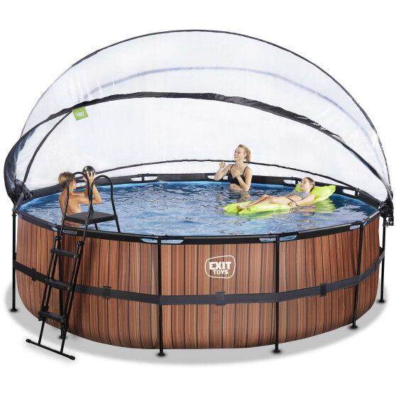 Piscina EXIT Wood &oslash;488x122cm con bomba de filtrado de arena y c&uacute;pula y bomba de calor, color marr&oacute;n