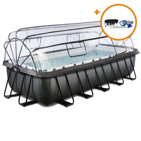 Piscina EXIT Black Leather 540x250x122cm con bomba de filtrado de arena y cúpula y set de accesorios, color negro