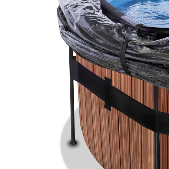 Piscina EXIT Wood &oslash;427x122cm con bomba de filtrado de arena y c&uacute;pula y bomba de calor, color marr&oacute;n