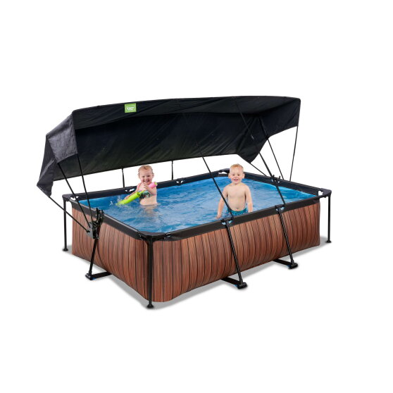 Piscina EXIT Wood 220x150x65cm con bomba de depuración y toldo, color marrón