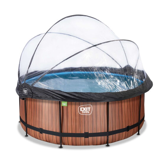 Piscina EXIT Wood ø360x122cm con bomba de filtrado de arena y cúpula, color marrón