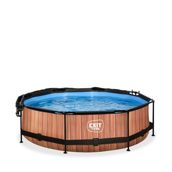 Piscina EXIT Wood ø300x76cm con bomba de depuración y toldo, color marrón