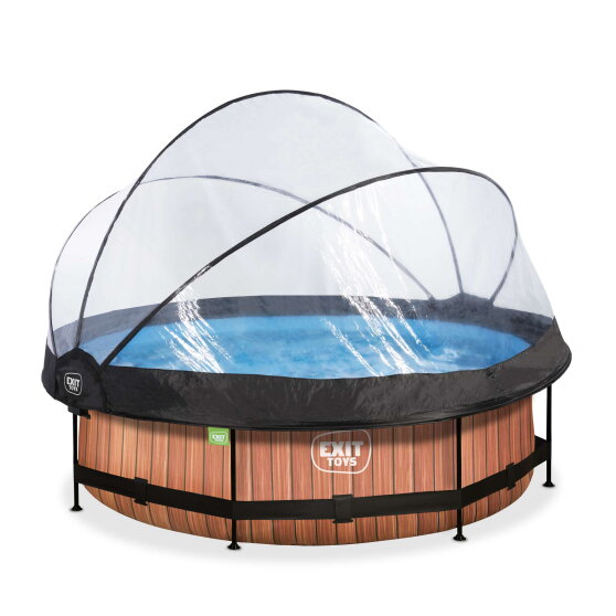 Piscina EXIT Wood ø300x76cm con bomba de depuración y cúpula, color marrón