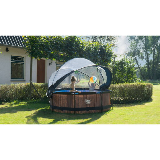 Piscina EXIT Wood ø244x76cm con bomba de depuración y cúpula, color marrón