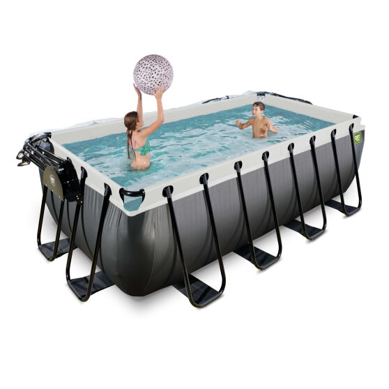 Piscina EXIT Black Leather 400x200x122cm con bomba de filtrado de arena y cúpula y bomba de calor, color negro