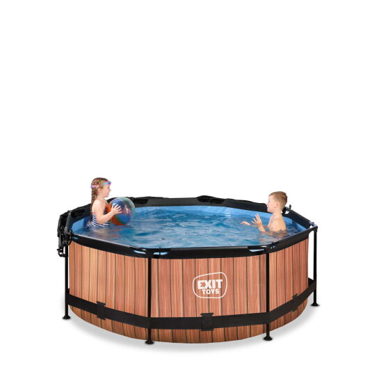 Piscina EXIT Wood &oslash;244x76cm con bomba de depuraci&oacute;n y toldo, color marr&oacute;n