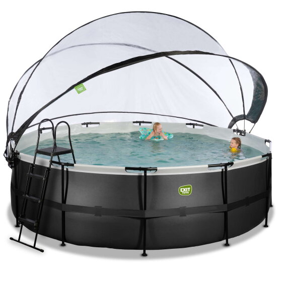 Piscina EXIT Black Leather &oslash;450x122cm con bomba de filtrado de arena y c&uacute;pula y set de accesorios, color negro
