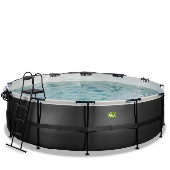 Piscina EXIT Black Leather &oslash;450x122cm con bomba de filtrado de arena y c&uacute;pula y set de accesorios, color negro