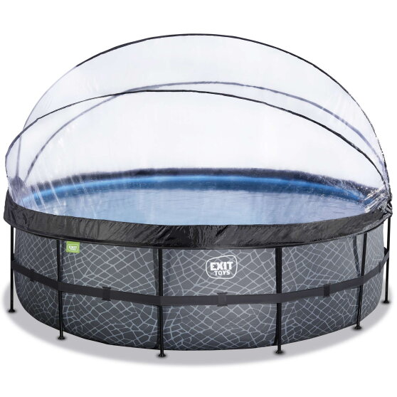 Piscina EXIT Stone ø488x122cm con bomba de filtrado de arena y cúpula y bomba de calor, color gris