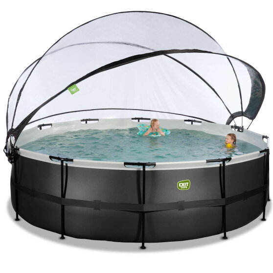Piscina EXIT Black Leather ø488x122cm con bomba de filtrado de arena y cúpula y set de accesorios, color negro