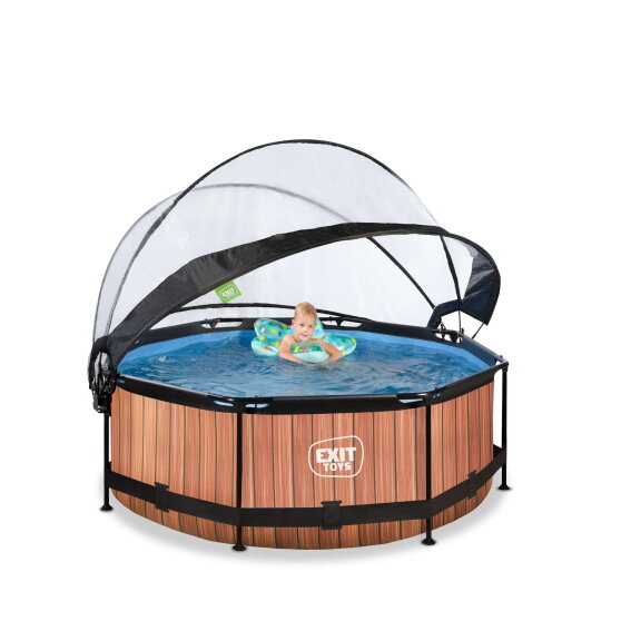Piscina EXIT Wood ø244x76cm con bomba de depuración y cúpula, color marrón