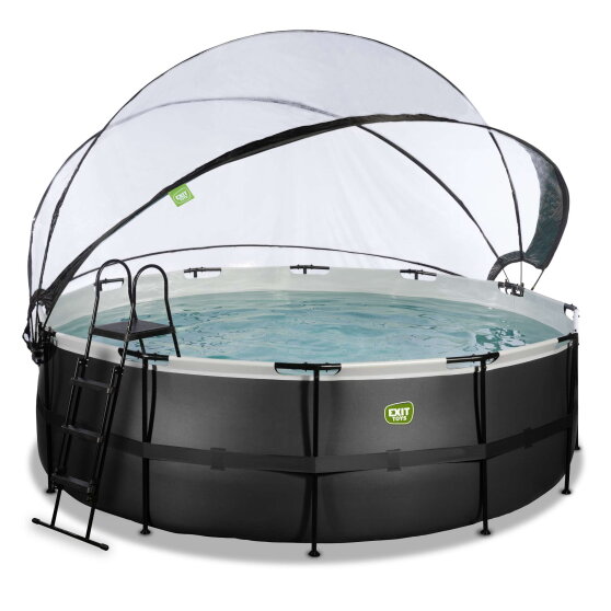 Piscina EXIT Black Leather ø427x122cm con bomba de filtrado de arena y cúpula y set de accesorios, color negro