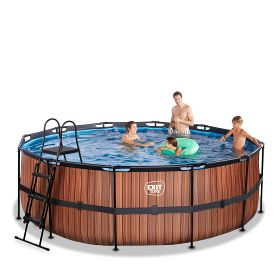 Piscina EXIT Wood ø427x122cm con bomba de filtrado de arena, color marrón