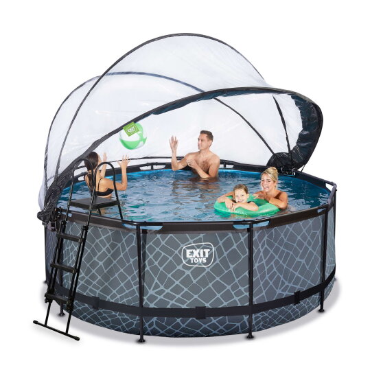 Piscina EXIT Stone &oslash;360x122cm con bomba de filtrado de arena y c&uacute;pula, color gris