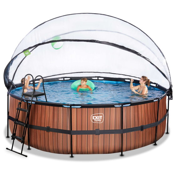 Piscina EXIT Wood &oslash;450x122cm con bomba de filtrado de arena y c&uacute;pula y bomba de calor, color marr&oacute;n