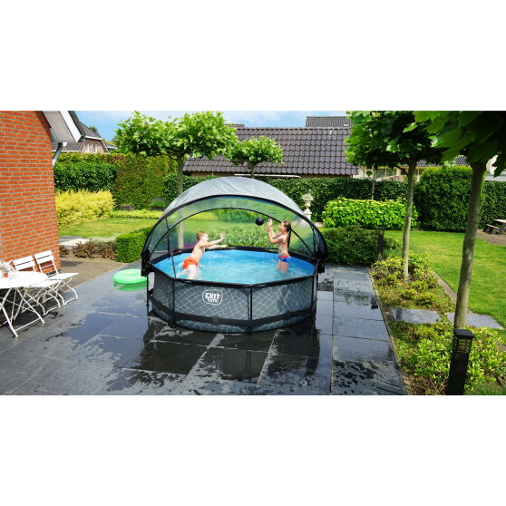 Piscina EXIT Stone ø300x76cm con bomba de depuración y cúpula, color gris