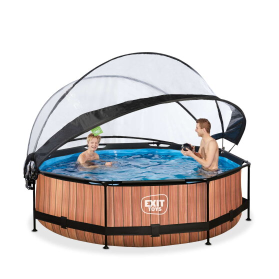 Piscina EXIT Wood ø300x76cm con bomba de depuración y cúpula, color marrón