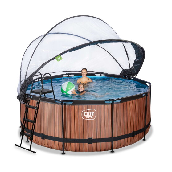 Piscina EXIT Wood ø360x122cm con bomba de filtrado de arena y cúpula, color marrón