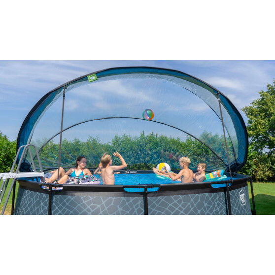 Piscina EXIT Black Leather &oslash;450x122cm con bomba de filtrado de arena y c&uacute;pula y set de accesorios, color negro