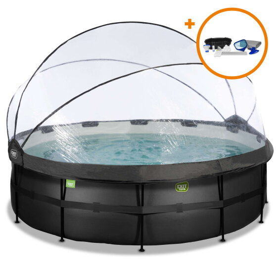 Piscina EXIT Black Leather &oslash;450x122cm con bomba de filtrado de arena y c&uacute;pula y set de accesorios, color negro