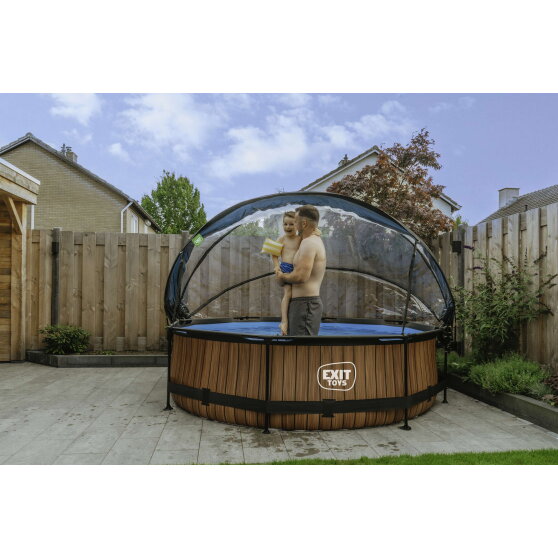 Piscina EXIT Wood ø300x76cm con bomba de depuración y cúpula, color marrón