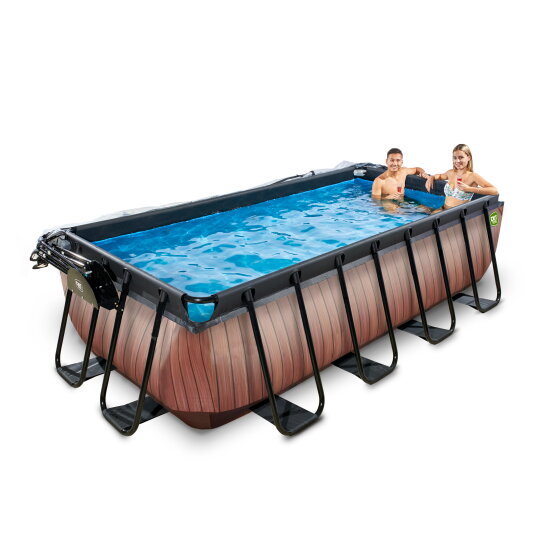 EXIT Wood pool 400x200x100cm with sand filter pump and dome and heat pump - brown