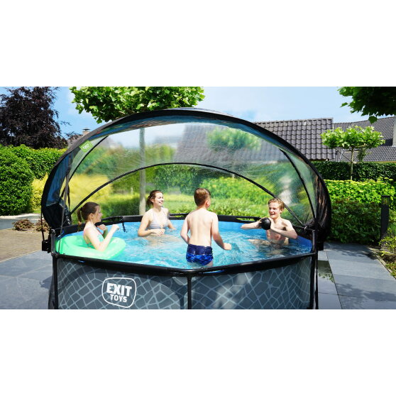 Piscina EXIT Stone ø300x76cm con bomba de depuración y cúpula, color gris