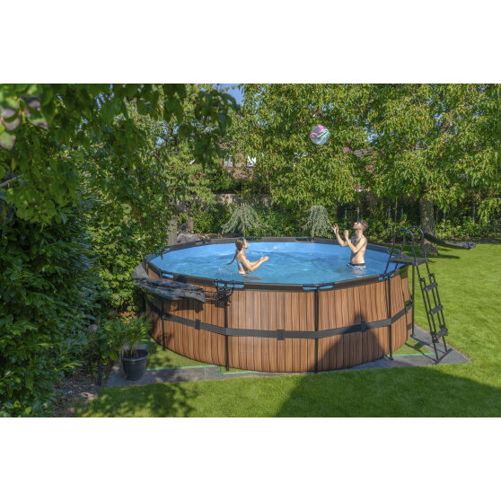 Piscina EXIT Wood &oslash;450x122cm con bomba de filtrado de arena, color marr&oacute;n