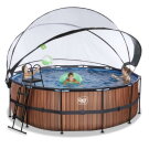 Piscina EXIT Wood &oslash;427x122cm con bomba de filtrado de arena y c&uacute;pula y bomba de calor, color marr&oacute;n