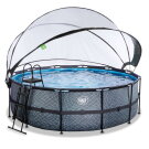 Piscina EXIT Stone ø427x122cm con bomba de filtrado de arena y cúpula y bomba de calor, color gris