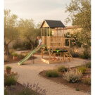 Casita infantil de madera EXIT Panorama 550 con tobog&aacute;n, cocina de juguete y arenero