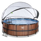 Piscina EXIT Wood &oslash;427x122cm con bomba de filtrado de arena y c&uacute;pula y bomba de calor, color marr&oacute;n