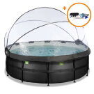 Piscina EXIT Black Leather ø427x122cm con bomba de filtrado de arena y cúpula y set de accesorios, color negro
