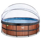 Piscina EXIT Wood &oslash;450x122cm con bomba de filtrado de arena y c&uacute;pula y bomba de calor, color marr&oacute;n