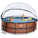Piscina EXIT Wood &oslash;450x122cm con bomba de filtrado de arena y c&uacute;pula y bomba de calor, color marr&oacute;n