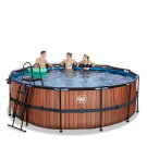 Piscina EXIT Wood &oslash;427x122cm con bomba de filtrado de arena y c&uacute;pula y bomba de calor, color marr&oacute;n