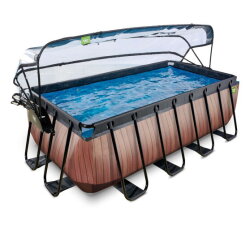 Piscina EXIT Wood 400x200x122cm con bomba de filtrado de arena y cúpula y bomba de calor, color marrón