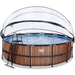 Piscina EXIT Wood ø488x122cm con bomba de filtrado de arena y cúpula y bomba de calor, color marrón