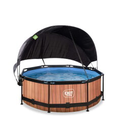 Piscina EXIT Wood ø244x76cm con bomba de depuración y toldo, color marrón