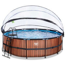 Piscina EXIT Wood ø450x122cm con bomba de filtrado de arena y cúpula y bomba de calor, color marrón