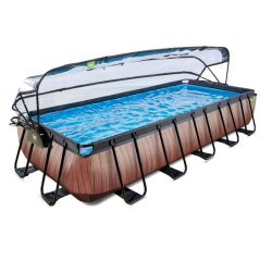 Piscina EXIT Wood 540x250x100cm con bomba de filtrado de arena y cúpula y bomba de calor, color marrón